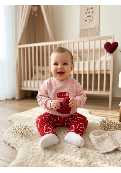 Bambık Pamuklu Kalp Desenli Kız Bebek Sweatshirt Pantolon Takımı Pembe