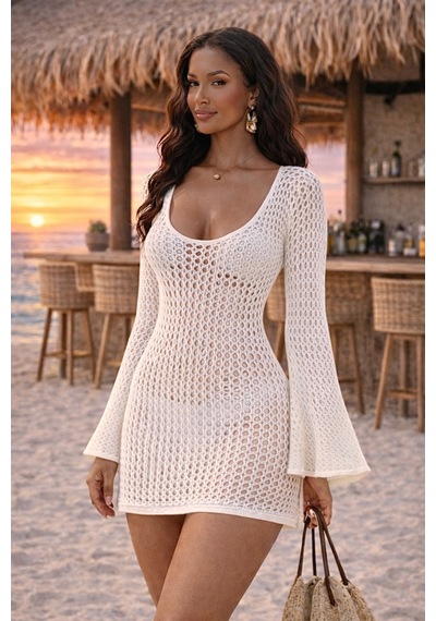 Nilza Kadın Sırt Dekolteli İspanyol Kol Ajurlu Mini Triko Plaj Elbisesi Bikini Üstü Pareo Kimono Kaftan Ekru Nilza Kadın Sırt Dekolteli İspanyol Kol Ajurlu Mini Triko Plaj Elbisesi Bikini Üstü Pareo Kimono Kaftan Ekru