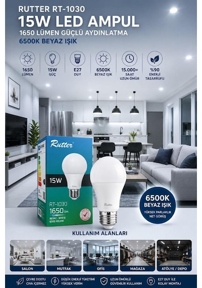 Rutter Rt-1030 E27 15w Led Ampul 6500k Beyaz Işık Yüksek Lümen Güçlü Aydınlatma Uzun Ömürlü Yüksek Verimli Lamba
