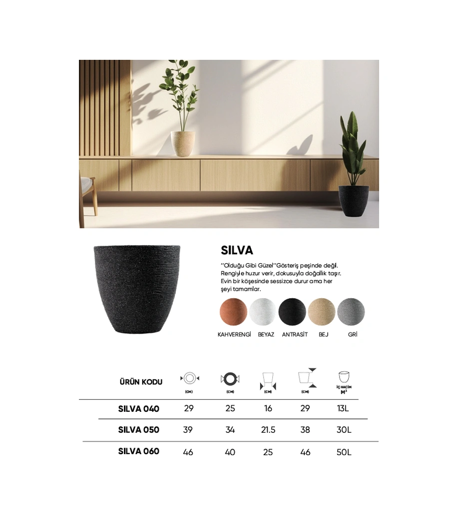 Bostann Dekoratif Saksı - Sılva 060 - 50l - Gri