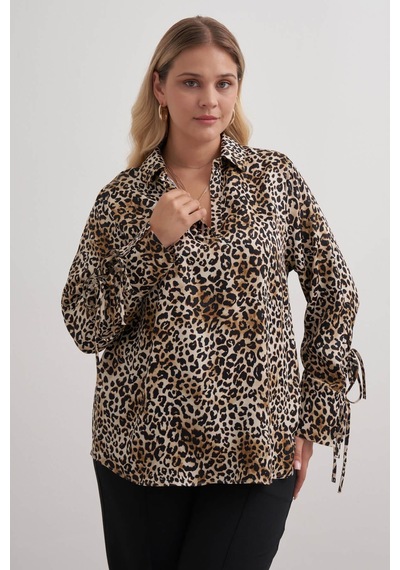 Myline Bağlama Detaylı Leopar Bluz-2568 Kahverengi