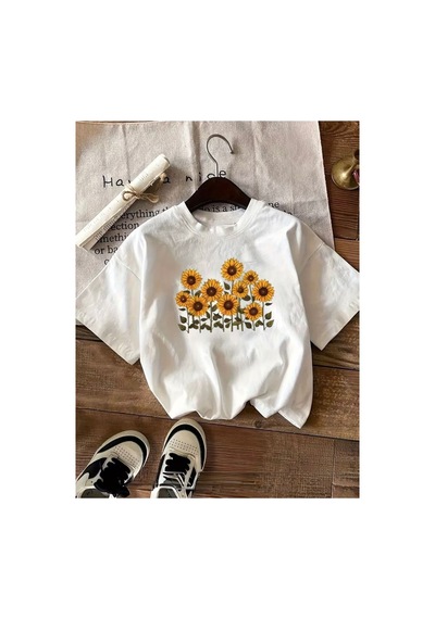 Herkesemoda Ayçiçekler Baskı Detaylı Basic T-shirt Beyaz