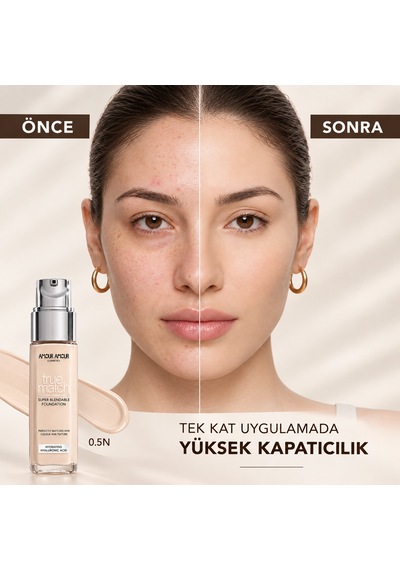 True Match Nemlendirici Likit Fondöten 30 Ml Hyaluronik Asitli, 24 Saat Kalıcı & Terlemeye Dayanıklı Doğal Bitiş 0.5n
