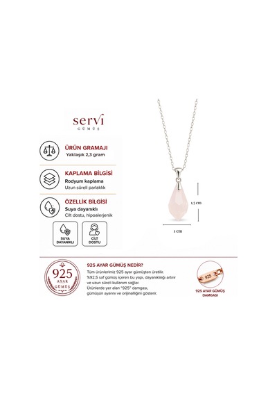 Servi 925 Ayar Gümüş Pembe Kuvars Taşlı Damla Kolye-472