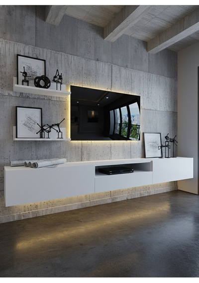 Resital Ledli Duvara Monte Tv Sehpası - Beyaz - W6019-1 Beyaz