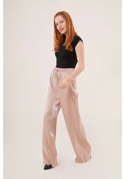 Defymoda Parlak Görünümlü Cepli Bej Bol Paça Pantolon Bej