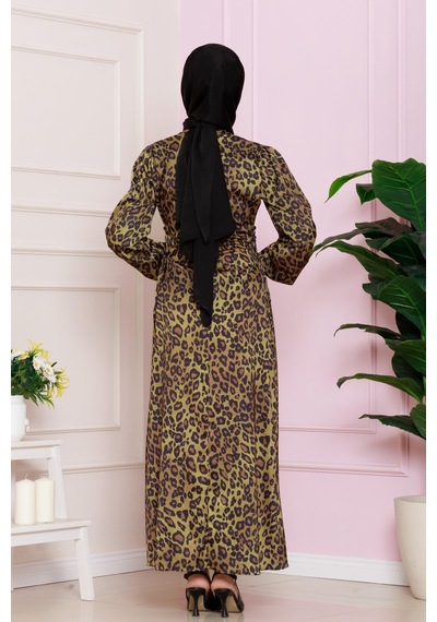 Yanı Bağcıklı Leopar Desenli Tesettür Abiye-hardal-4684