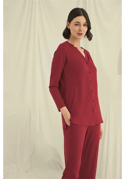 Ang Butik Kadın Uzun Kollu Boydan Düğmeli V Yaka Pijama Takımı Kırmızı