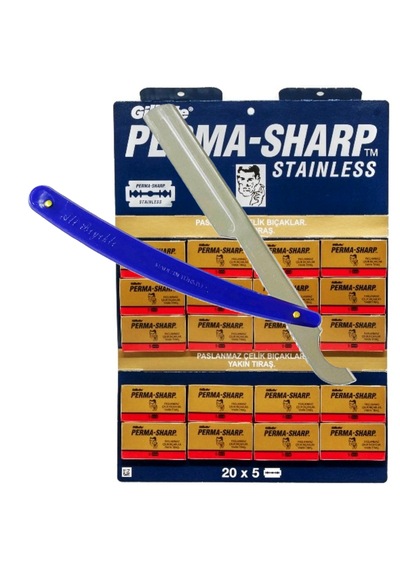 Permasharp Yaprak Jilet 100'lü Paket Ali Bıyıklı Ustura Mavi Tıraş Seti