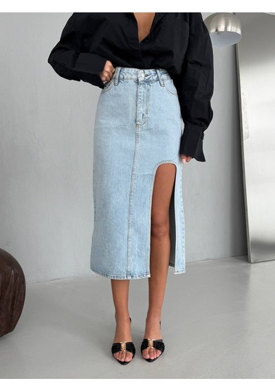 Yırtmaç Detaylı Denim Midi Etek ÇoK Renkli