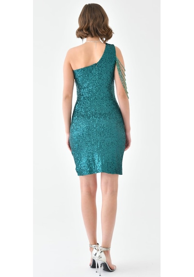 Hanife Glam Couture Hanife Glam Tek Omuz Taş Tasarımlı Mini Pulpayet Elbise Zümrüt
