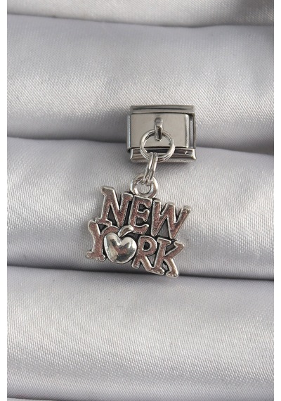 316l Çelik Gümüş Renk Sallantı New York Yazı Model Nomination Charm - Çok Renkli