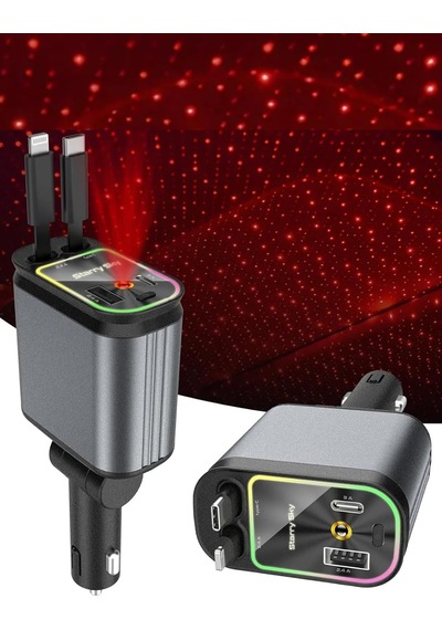 Acl Acc-01 Rgb Işıklı 66w Araç Şarj Cihazı 4in1 Geri Çekilebilir Kablo Type-c + Lightning Yıldızlı Tavan