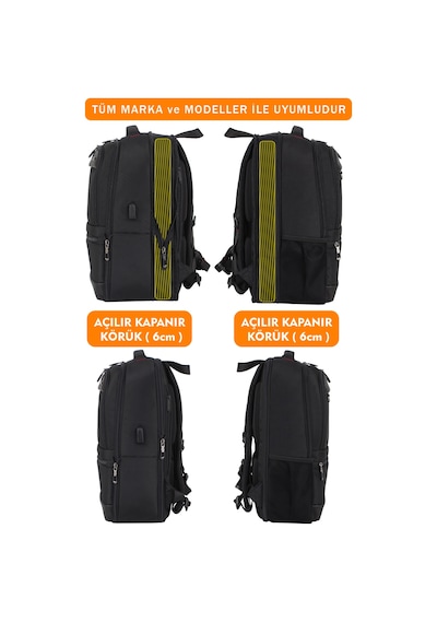 14"-15,6" İnç Körüklü Siyah Laptop Sırt Çantası Unisex Su Geçirmez Kumaş Siyah