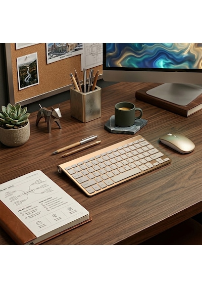 Premium Gold Klavye Mouse Seti - Sessiz Kablosuz Mini - Altın Serisi Optik
