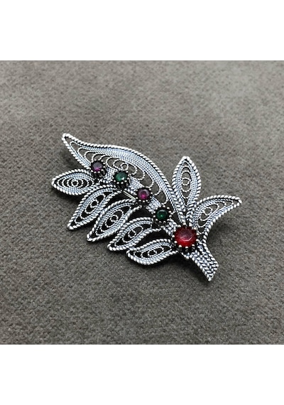Yaprak Model 925 Ayar Gümüş Oksitli Telkari Broş