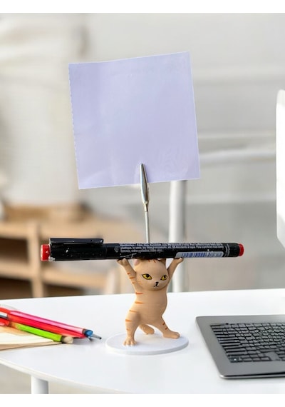 Turuncu Çizgili Kalem Tutabilen Dansçı Kedi Fotoğraf Not Tutacağı Ofis Masası Hediyelik Turuncu