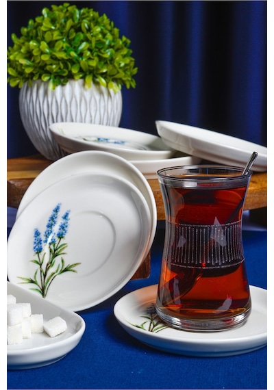 Heda Porselen Lavanta 6'lı Porselen Çay Tabağı Seti Kırık Beyaz