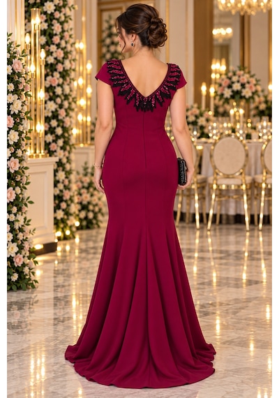 Gül&can Butik Bordo Payet İşlemeli Şık Abiye Elbise Bordo