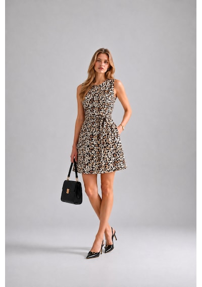 Sortie Collection Yaka Büzgülü Kolsuz Leopar Desenli Keten Elbise Kahve / Bej Kahverengi - Leopar