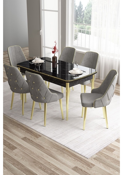 Canisa Tia Serisi 80x132 Açılabilir Siyah Mermer Desen Gold Detay Masa Takımı Ve 6 Gri Sandalye Masa Siyah Mermer Desen Sandalye Gri Canisa Tia Serisi 80x132 Açılabilir Siyah Mermer Desen Gold Detay Masa Takımı Ve 6 Gri Sandalye Masa Siyah Mermer Desen Sandalye Gri