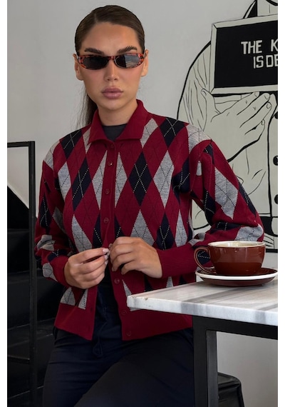 Madmext Bordo Baklava Desenli Polo Yaka Kadın Hırka Mg2478 Bordo