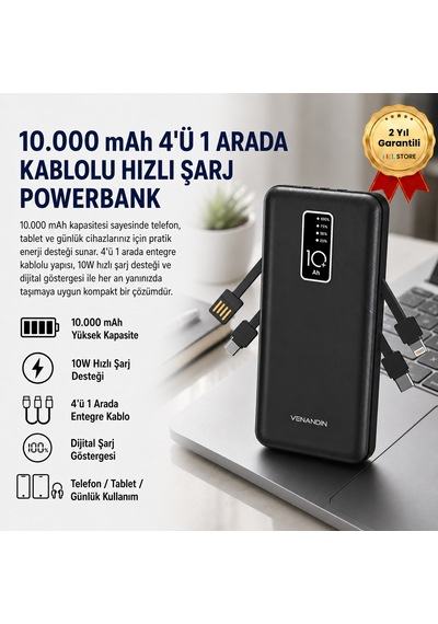 Powerbank 10.000 Mah Hızlı Şarj Destekli, 4'ü 1 Arada Entegre Kablolu Taşınabilir Şarj Cihazı-1713 Siyah