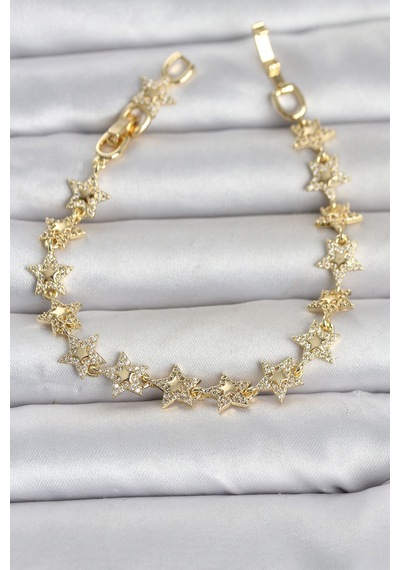 Sıralı Yıldız Model Zirkon Taşlı Gold Renk Pirinç Kadın Bileklik 5886 Altın