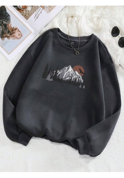 Startmore Startmoreormanlar Ve Dağlar Baskı Tişörtü Kadın Harajuku Yumuşak Kazak Moda Sıcak Giyim Gevşek Crewnec Siyah