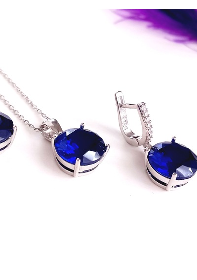 Gümüş Tanzanit Taşlı Büyük Oval Tasarım Kolye Küpe Kadın Set