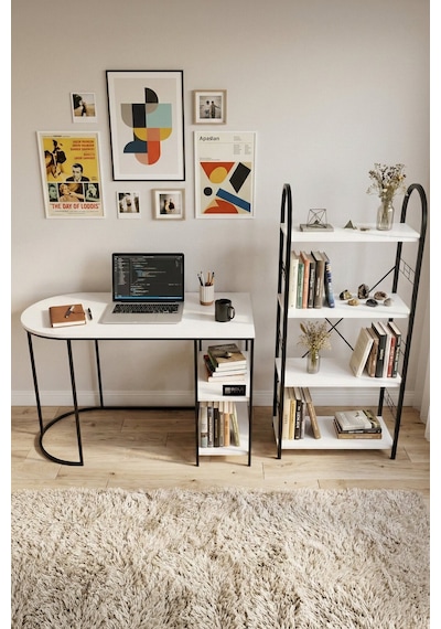 Reyo Falez Çalışma Masası Ve Kitaplık Seti Metal Ayaklı,minimalist Tasarım,geniş Masa Alanı,çok Raflı Beyaz Reyo Falez Çalışma Masası Ve Kitaplık Seti Metal Ayaklı,minimalist Tasarım,geniş Masa Alanı,çok Raflı Beyaz