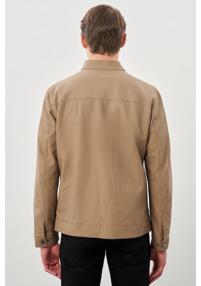 İmza Bej Suni Deri Hakim Yaka Düz Yırtmaçsız Tam Astar Slim Fit Casual Deri Mont 1038245152 Bej