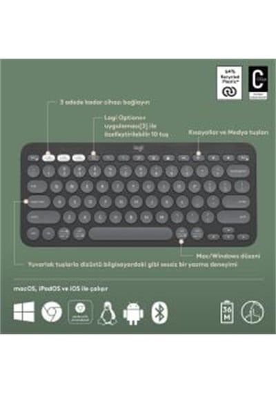 Logıtech K380s Pebble Keys 2 Çoklu Cihaz Özellikli Bluetooth Türk