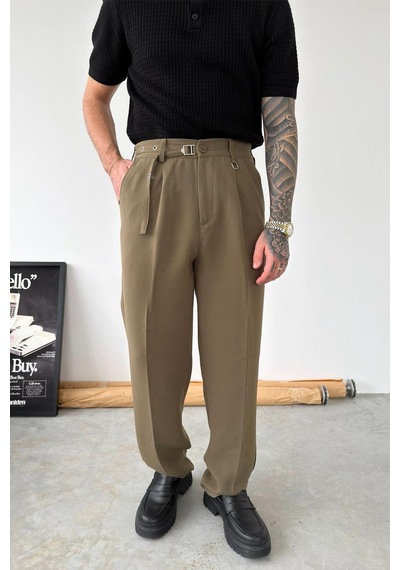 Haki Pile Detay Kemerli Baggy Kumaş Pantolon Haki