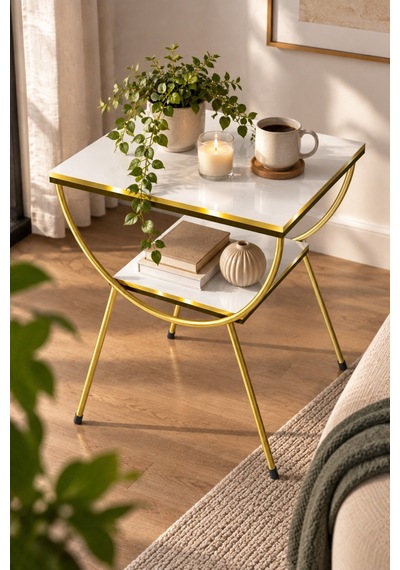 Sulorahome Gold Metal Yan Sehpa Ve Komodin Beyaz Altın - Beyaz