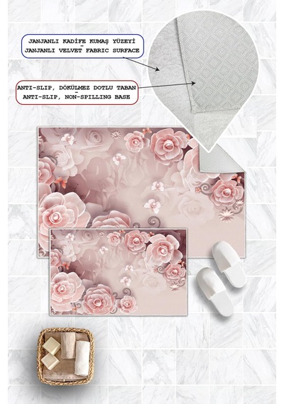 Dijital Baskı Gül Desen Kaymaz Taban 2li Set Banyo Paspası Klozet Takımı 50x60cm-60x100cm Pembe