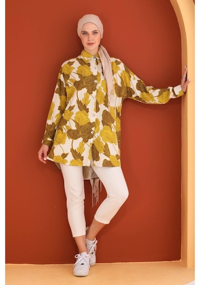 Polologin Butik Hardal Sarısı Yaprak Desenli Viskon Kumaş Araboy Spor Tesettür Tunik Gömlek Sarı Polologin Butik Hardal Sarısı Yaprak Desenli Viskon Kumaş Araboy Spor Tesettür Tunik Gömlek Sarı