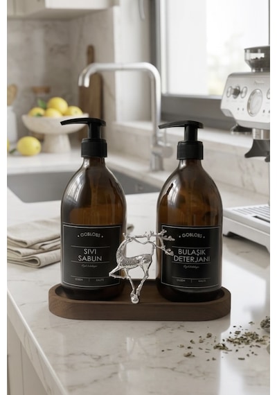 Amber Şişe Sabunluk Cam İkili Sıvı Sabun-bulaşık Deterjanı Mutfak Düzenleyici Lüks Gümüş Geyik Ahşap Stand 500ml