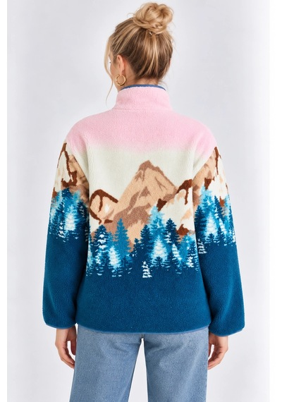 Mevese Cepli Ve Yarım Fermuarlı Dik Yaka Desenli Kadın Oversize Polar Sweat - Pembe-mavi Mevese Cepli Ve Yarım Fermuarlı Dik Yaka Desenli Kadın Oversize Polar Sweat - Pembe-mavi