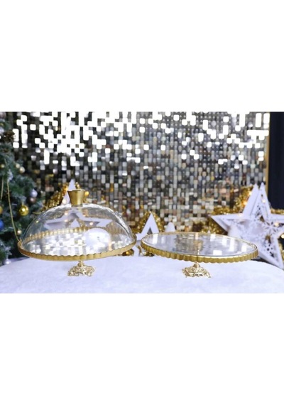 Çnr Home Collection 2 ' Li Paşabahçe Metal Ayakli Yaldizli Kek Fanus & Pasta Standi Sunumluk Altin