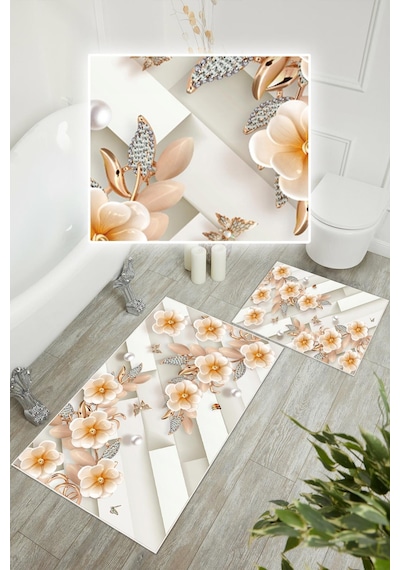 Dijital Baskı Çicek Desen Kaymaz Taban 2li Set Banyo Paspası Klozet Takımı 50x60cm-60x100cm Krem