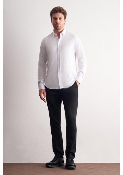 İmza Beyaz Düğmeli Yaka Örme Uzun Kol Performans Ürün Slim Fit Esnek Gömlek 1004255270 Beyaz