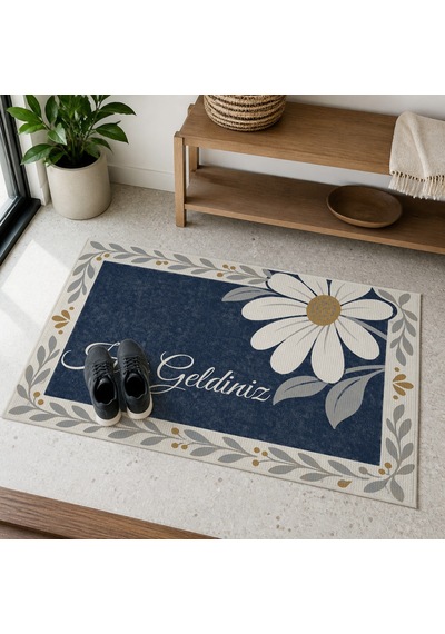 Kartela Halı Hoş Geldiniz Yazılı Papatyalı Kapı Paspası Lacivert Kaymaz Kauçuk Taban 60x90 Cm