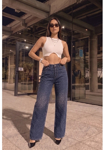 Kadın Koyu Mavi Önü Full Taşlı Likralı Yüksek Bel Wide Leg Geniş Paça Jean Kot Pantolon Kadın Koyu Mavi Önü Full Taşlı Likralı Yüksek Bel Wide Leg Geniş Paça Jean Kot Pantolon
