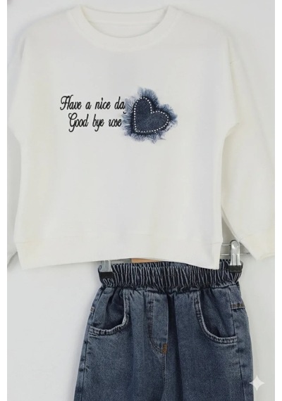 Erdem Kıds Kız Çocuk Bayramlık Günlük - Casual Geniş-bol Paça Palazzo Kot Pantolon-sweatshirt İkili Takım Beyaz - Mavi Erdem Kıds Kız Çocuk Bayramlık Günlük - Casual Geniş-bol Paça Palazzo Kot Pantolon-sweatshirt İkili Takım Beyaz - Mavi