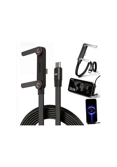Yeni Pro Tech 240w Destekli Standlı 1,5metre Siyah Hasır Kablo Type-c Girişli Şarj Kablosu