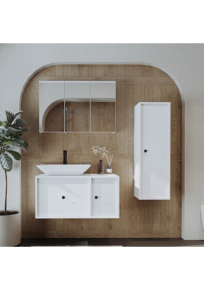 Lavabolu Mat Mdf 90 Cm Çekmeceli Dolabı + Aynalı Dolabı Beyaz Mat Beyaz