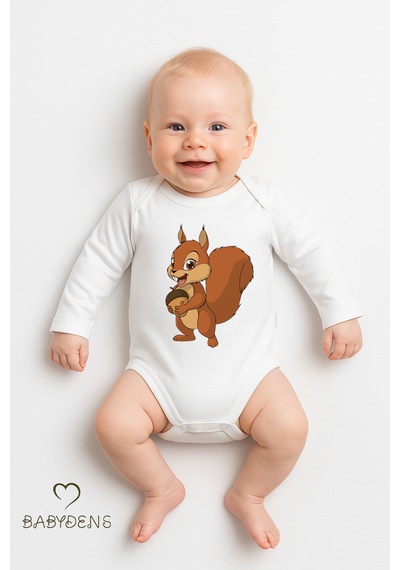 Babyden's Sevimli Hayvan Figürlü %100 Pamuk Uzun Kollu Çıtçıtlı Bebek Body Sincap Beyaz