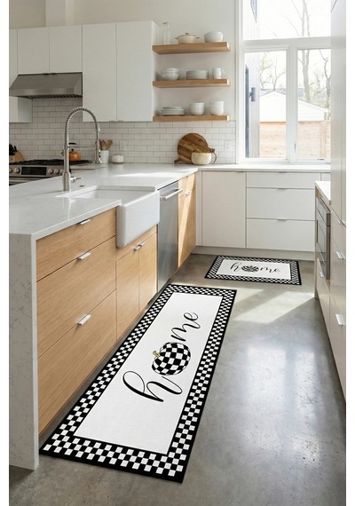 Valerine Life Mutfak Yolluğu Halısı Home Tezgah Önü Paspası İkili Kilim Takımı Döküntülere Estetik Ç Siyah