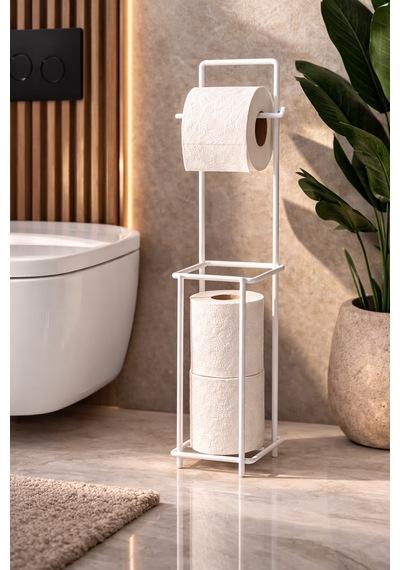 Modern Standlı Yedek Hazneli Tuvalet Kağıtlığı Şık Banyo Düzenleyici Organizer Paslanmaz Metal Çok Renkli